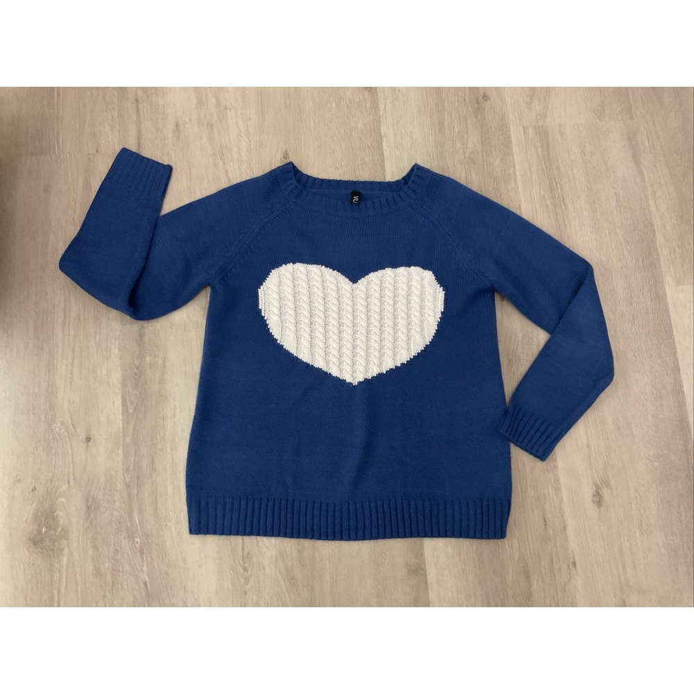 VU Royal Blue Heart Intarsia Cable Knit Crew Neck Raglan Sleeve Sweater Womens